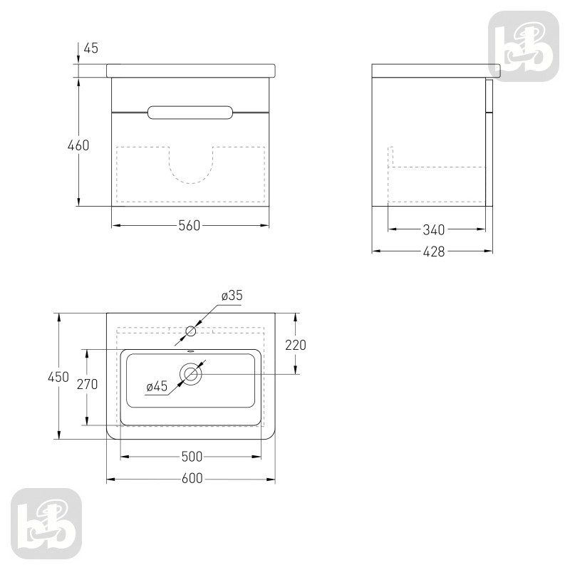 VOLLE SOLO комплект меблів 60см antracita: тумба підвісна, 1 ящик + умивальник накладний арт 13-16-016, (1910.326009)