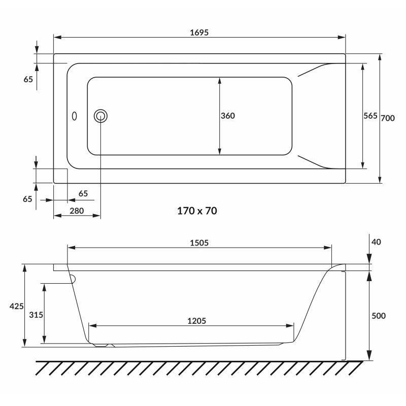 VOLLE SOLO ванна 170*70*42,5см без ніжок, акрил 5мм, (1210.001770)