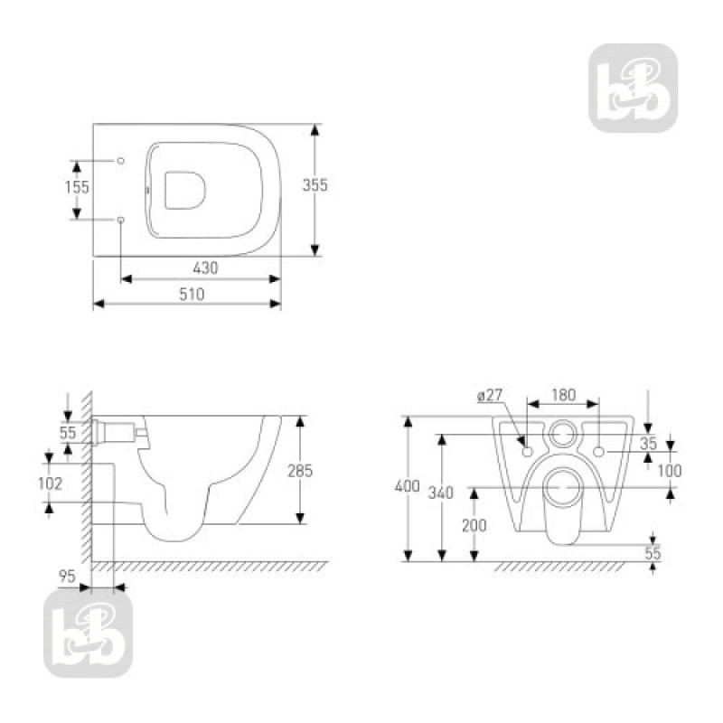 VOLLE Набор инсталляционный: SOLO Rimless унитаз подвесной, сиденье твердое Slim slow-closing 51*35,5*33 см, 141515 MASTER, (13-55-111+141515)