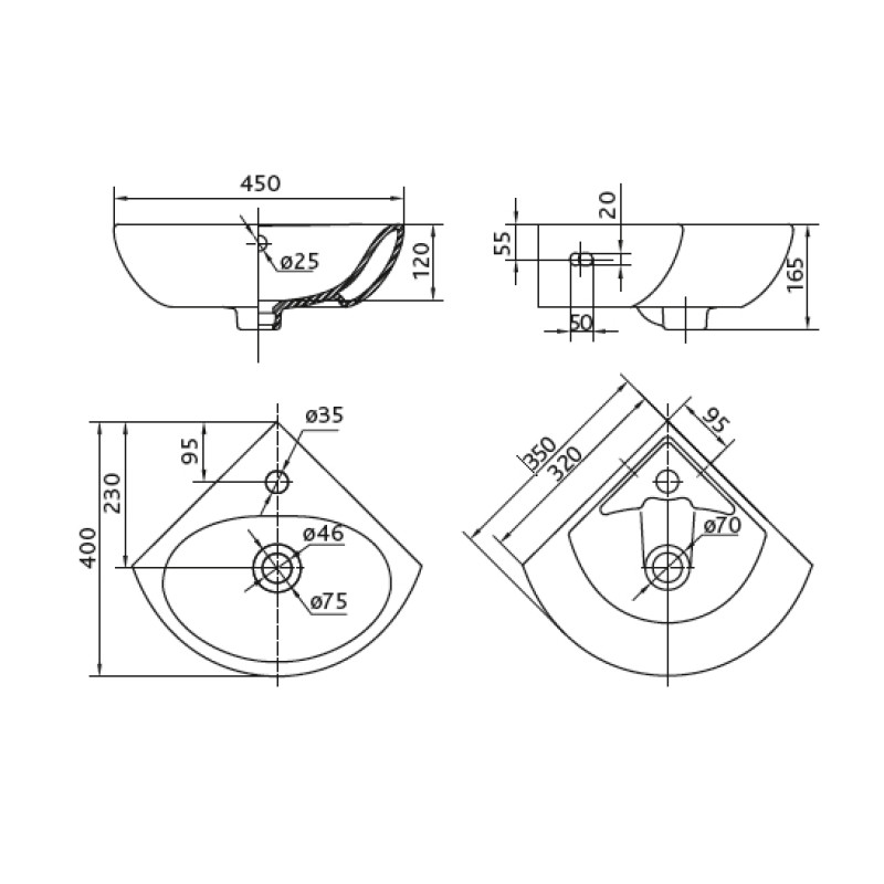KOLO RUNA умывальник угловой 35 см, с отверстием, Украина (L82735000)