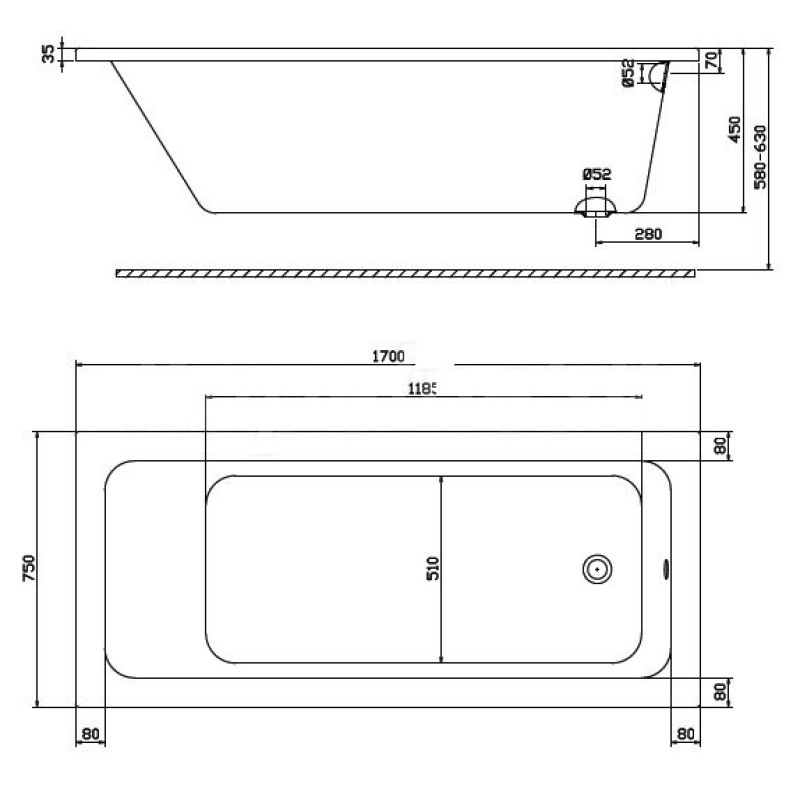 KOLO MODO ванна 170*75см прямоугольная, боковой слив, с ножками SN7, Польша (XWP1170000)