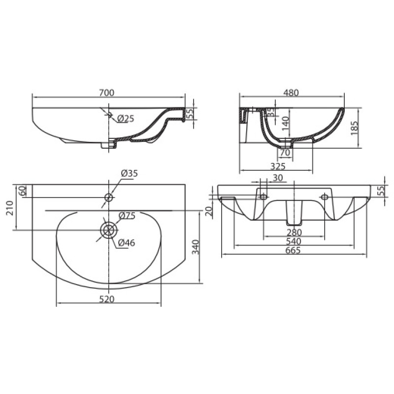 KOLO RUNA умывальник мебельный 70 см с центральным отверстием, Украина (L81970000)