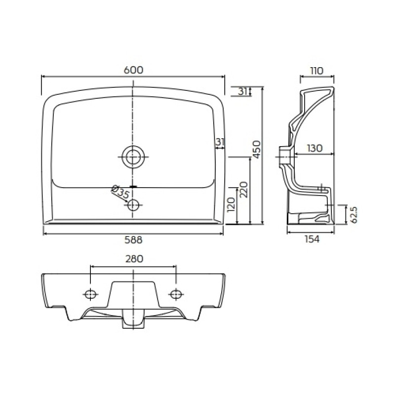 KOLO REKORD умывальник мебельный 60 см, с отверстием, Польша (K91962000)
