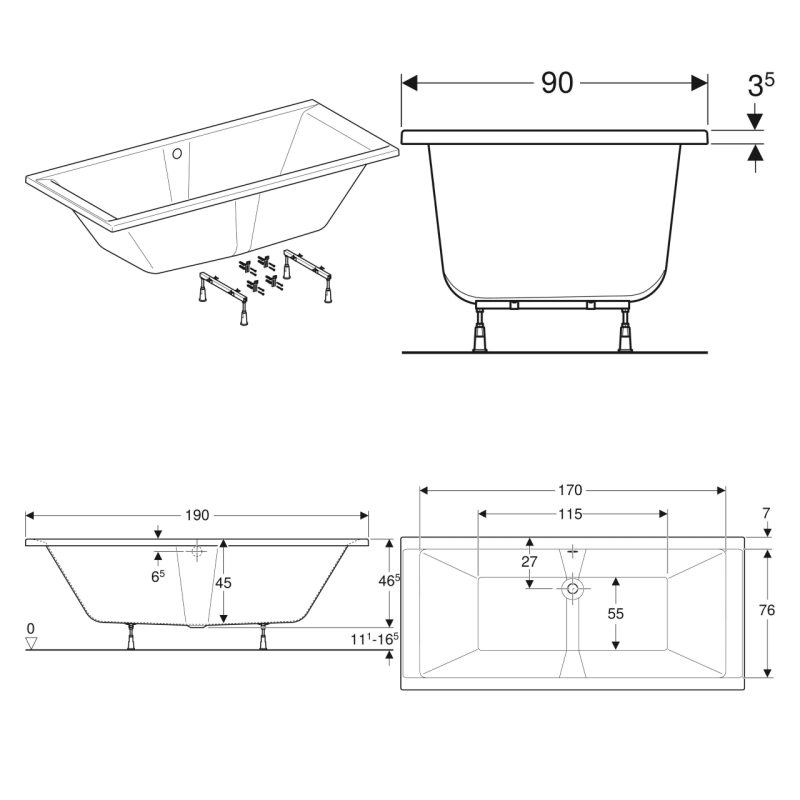 KOLO SUPERO DUO ванна 190*90см, прямоугольная, центральный ливень, с ножками SN14, Польша (5364000)