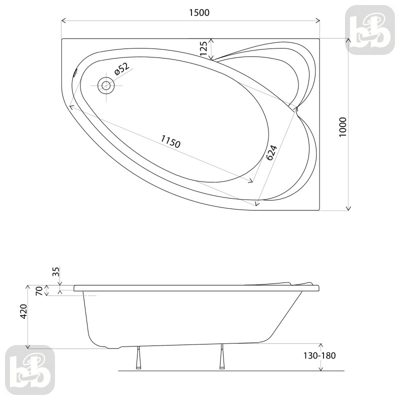 KOLO SUPERO ванна 150*100 см, асиметрична, права, з ніжками SN14, Польша (5536000)