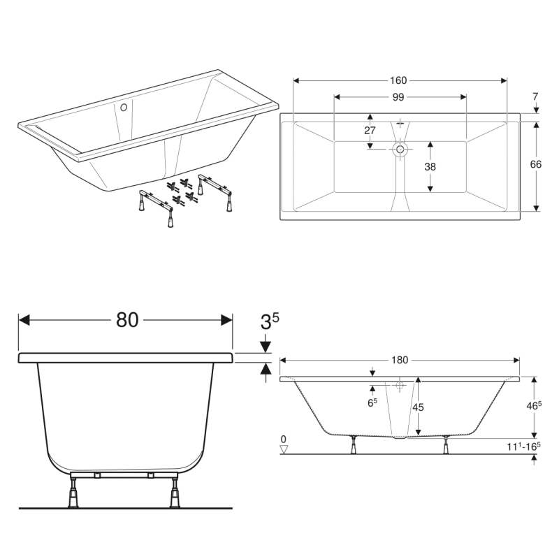 KOLO SUPERO DUO ванна 180*80см, прямоугольная, центральный слив, с ножками SN14, Польша (5363000)