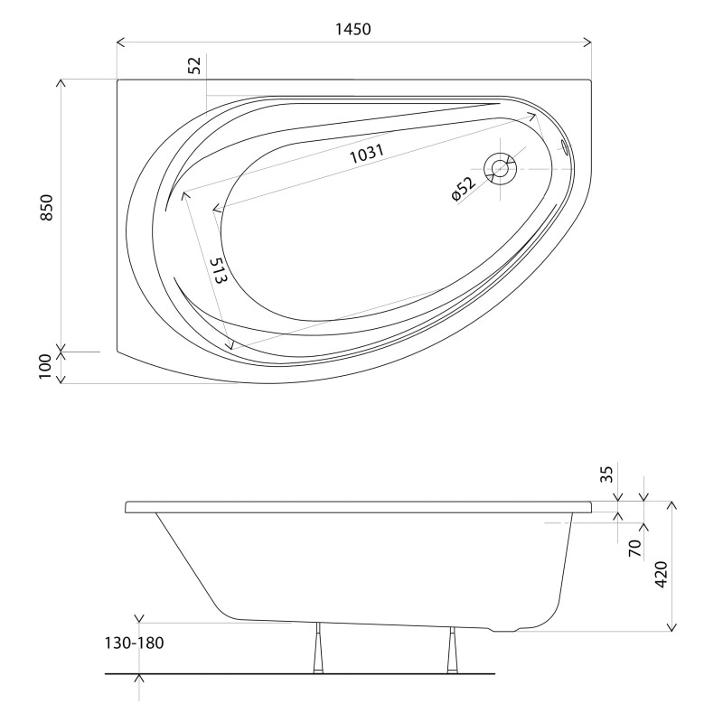 KOLO SUPERO ванна 145*85см, асимметричная, левая, с ножками SN14, Польша (5534000)