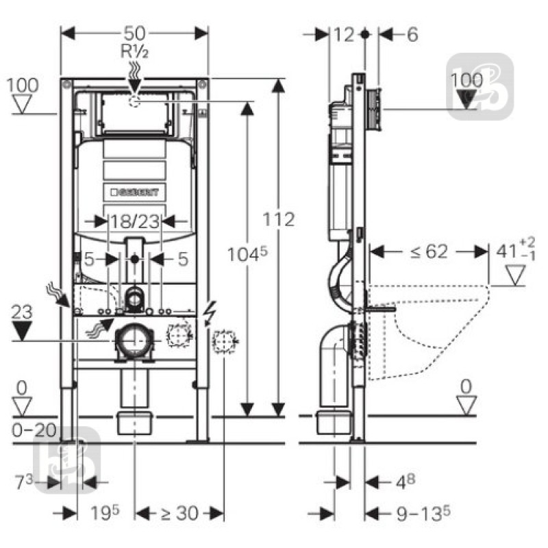 ROCA Комплект: MERIDIAN Rimless підвісний унітаз 48см, з сидінням Slim, slow closing +DUOFIX монтажний елемент, H112, "Sigma" 12см, (A34H242000+111.300.00.5)