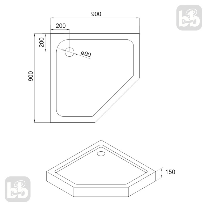 EGER Тайна поддона 90*90* 15см душевой пятиугольный в комплекте с сифоном, (599-555/2)