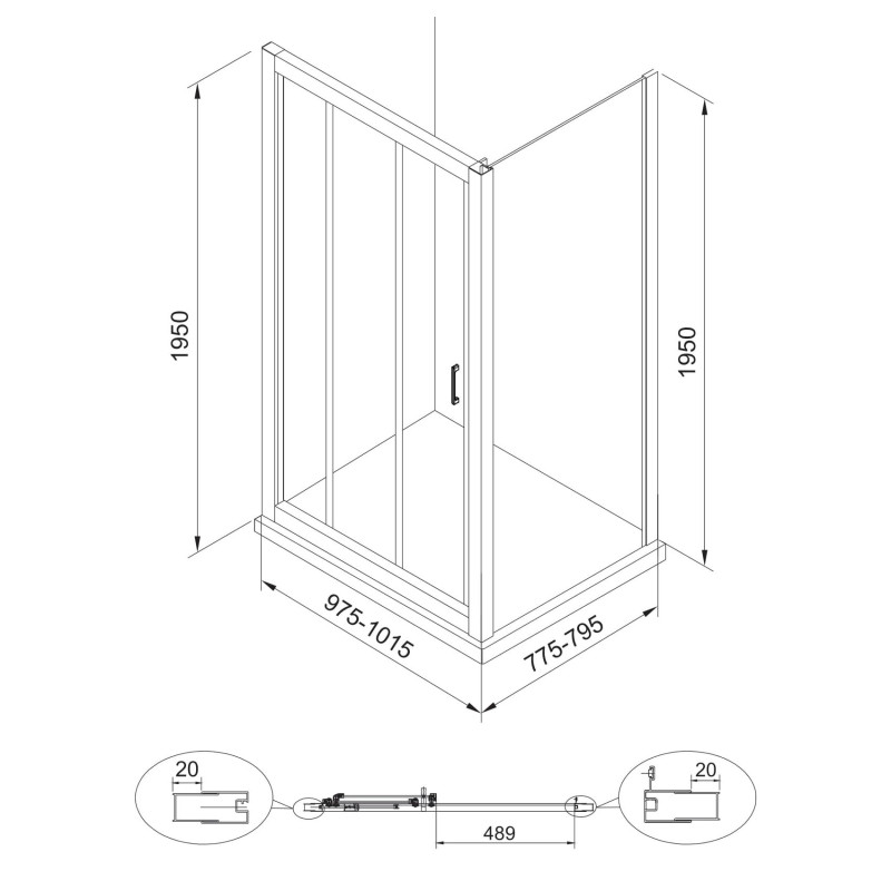 EGER LEXO душова кабина 100*80*195см з 3х секційними розсувними дверима, прозоре скло 6мм, хром, (599-811/1)