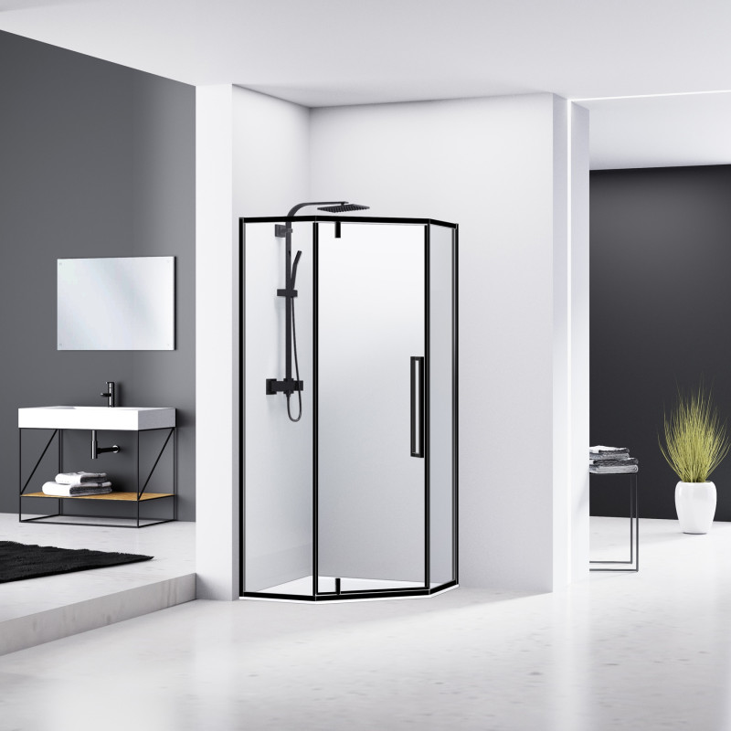 EGER A LÁNY душевая кабина пятиугольная, реверсивная, 100*100*195 см (стекла+двери), распашные двери, стекло прозрачное 6 мм, (599-553/1 Black)
