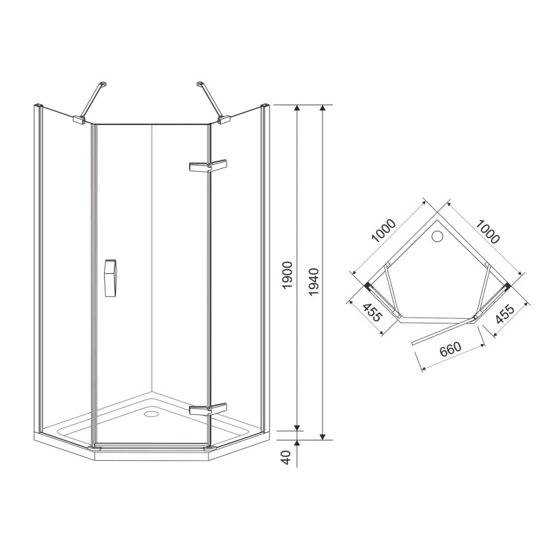 EGER STEFANI кабина пятиугольная 100*100*194см на мелком поддоне 4см, профиль хром, стекло прозрачное 8мм, (599-535-100)