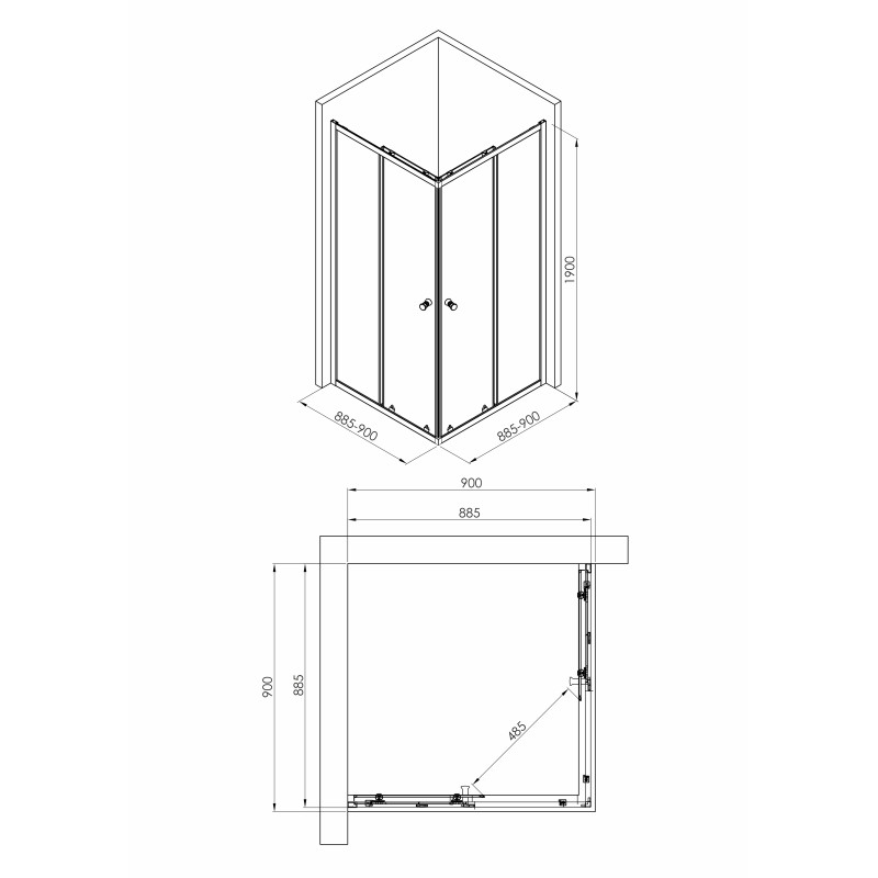 VOLLE КАДИЗ 90-C душевая кабина 90*90*190см, квадратная, раздвижная, профиль хром, стекло прозрачное, (1039.124501)