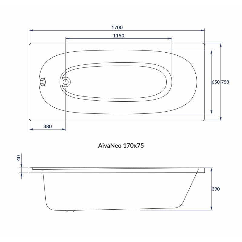 VOLLE AIVA NEO ванна 170*75*39см без ніжок, акрил 5мм, 
АИВА НЕО ванна 170*75*39см без ножек, акрил 5мм, (1229.001775)