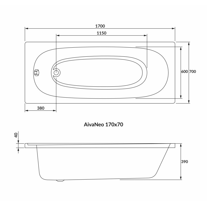 VOLLE AIVA NEO ванна 170*70см без ножек, акрил 5мм, (1229.001770)