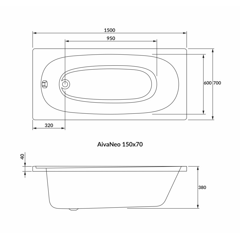 VOLLE AIVA NEO ванна 150*70см без ніжок, акрил 5мм, 
АИВА НЕО ванна 150*70см без ножек, акрил 5мм, (1229.001570)