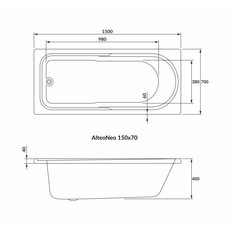 VOLLE ALTEA NEO ванна 150*70см без ножек, акрил 5мм, (1228.001570)