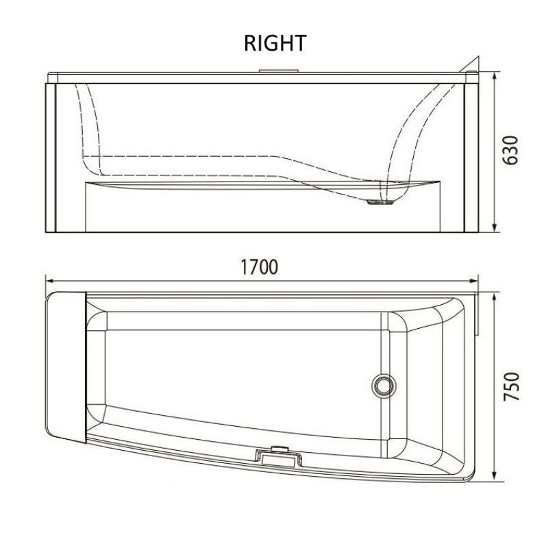 VOLLE Ванна 1700*750*630мм акриловая правая, (TS-102/R)