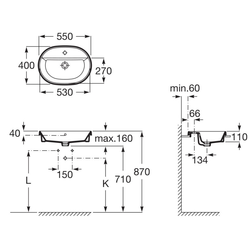 ROCA GAP умивальник 55*40см, вбуд., овальний, з отвором пiд змiшувач, (A3270Y6000)