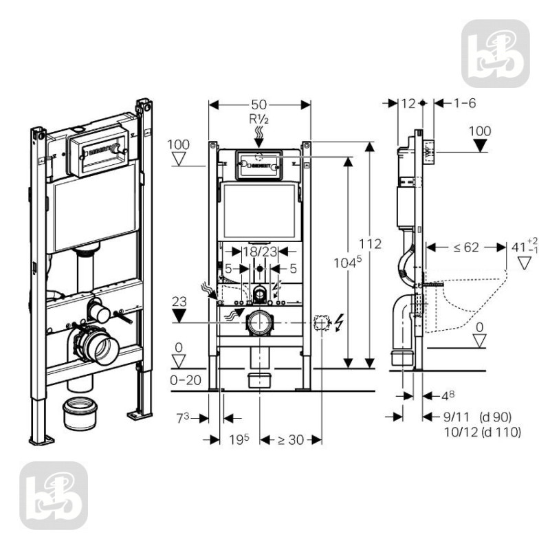 ROCA Комплект: MERIDIAN Rimless унiтаз пiдвiсний 48см, з сидiнням Slim + DUOFIX Basic монтажний елемент 112см, зi змивним бачком, без клавiши змиву, (A34H242000+458.126.00.1)