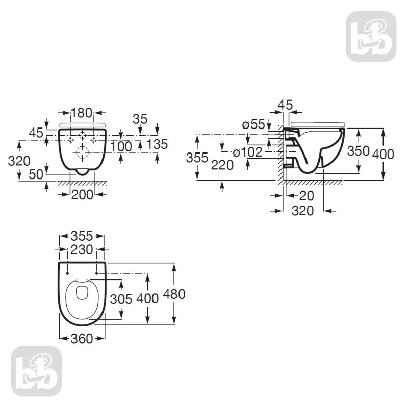 ROCA Комплект: MERIDIAN Rimless унiтаз пiдвiсний 48см, з сидiнням Slim, з системою плавного опускання + VOLLE MASTER комплект iнсталяцiї 4в1, клавiша хром, (A34H242000+141515)