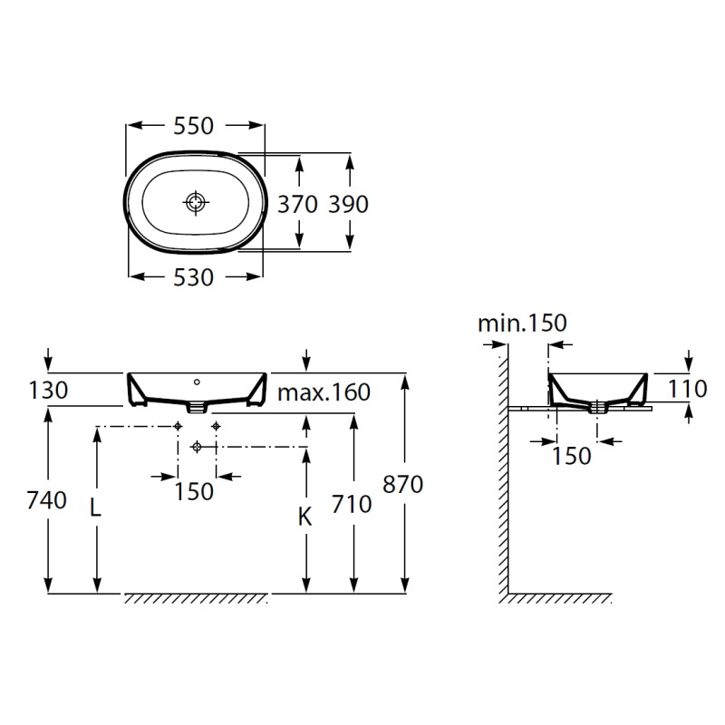 ROCA GAP умывальник 55см, без отверстия под смеситель, (A3270Y1000)