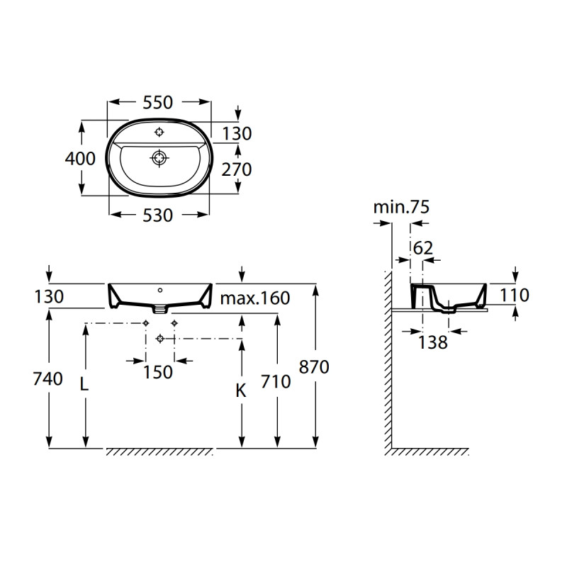 ROCA GAP умывальник 55см, с отверстием под смеситель, (A3270Y0000)