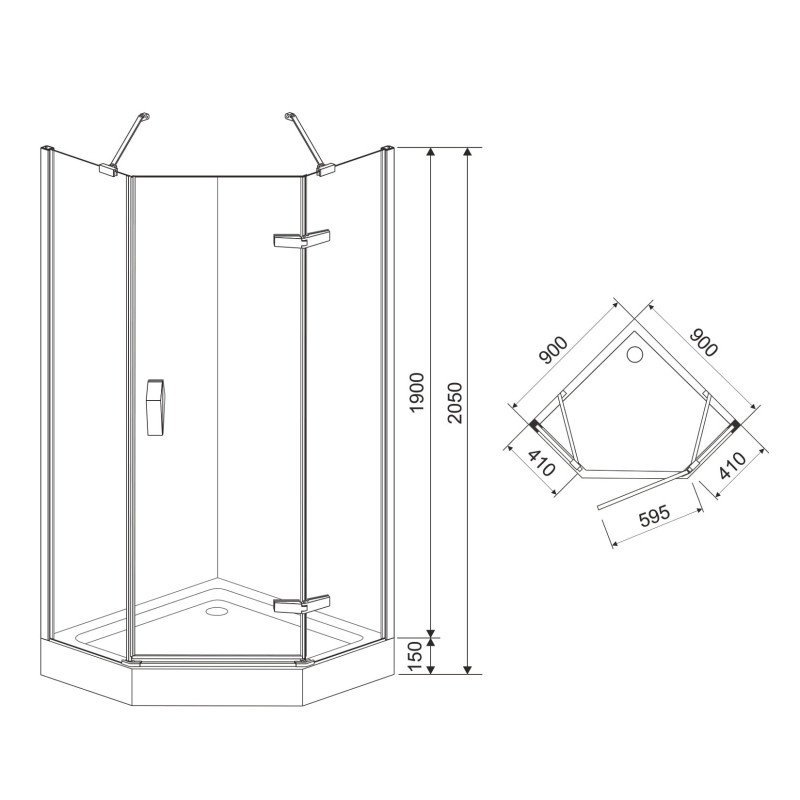 EGER STEFANI душевая кабина 90*90*205см пятиугольная на мелком поддоне 15см, распашная, стекло прозрачное, (599-535 (3 коробки))
