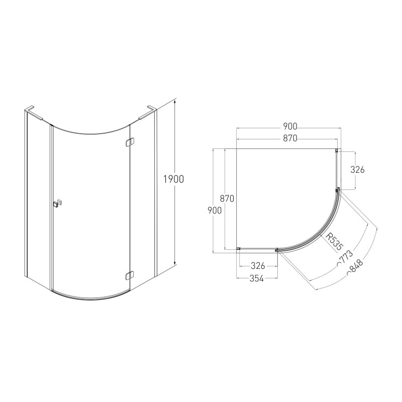 VOLLE BENITA Right душова кабіна 90*90*190см напівкругла, розпашна, профіль cromo, скло прозоре 8 мм, без піддону, (1017.114600R(2 коробки))