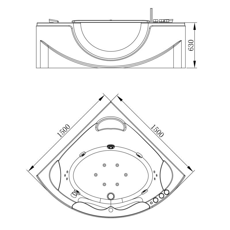 VOLLE Ванна 150*150*63см угловая, гидро-аэромассажная, (12-88-103A)