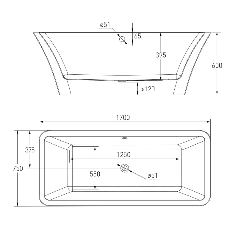 VOLLE Ванна 170*75*60см, отдельностоящая, с сифоном, (12-22-348)
