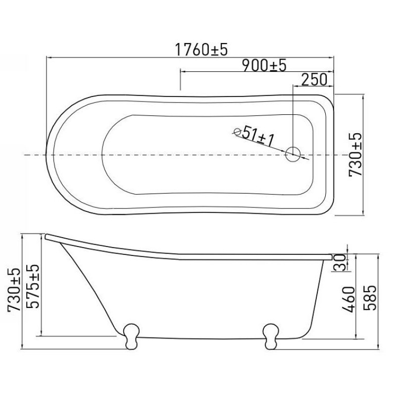 VOLLE Ванна 176*73*73/58см, отдельно стоящая на львиных лапах (серебро), акриловая, (12-22-706)