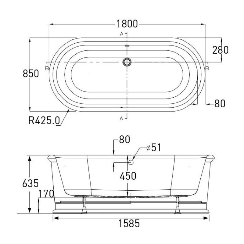 VOLLE Ванна 180*85*63,5см, отдельно стоящая, акриловая, (12-22-807)