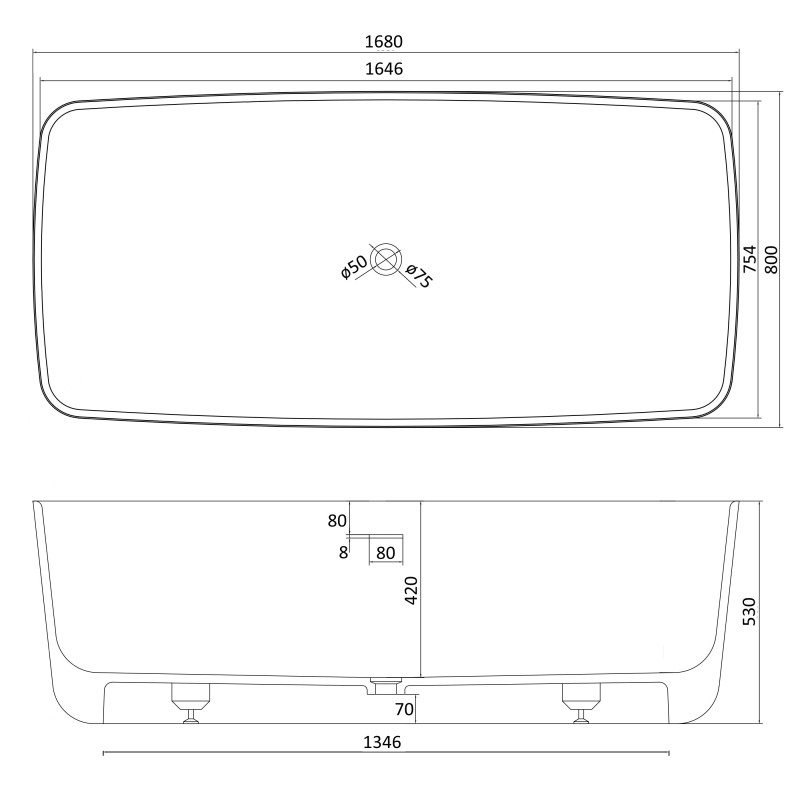 VOLLE Ванна окремо стояча кам'яна Solid surface 1680 * 800 * 530мм, (12-40-034)