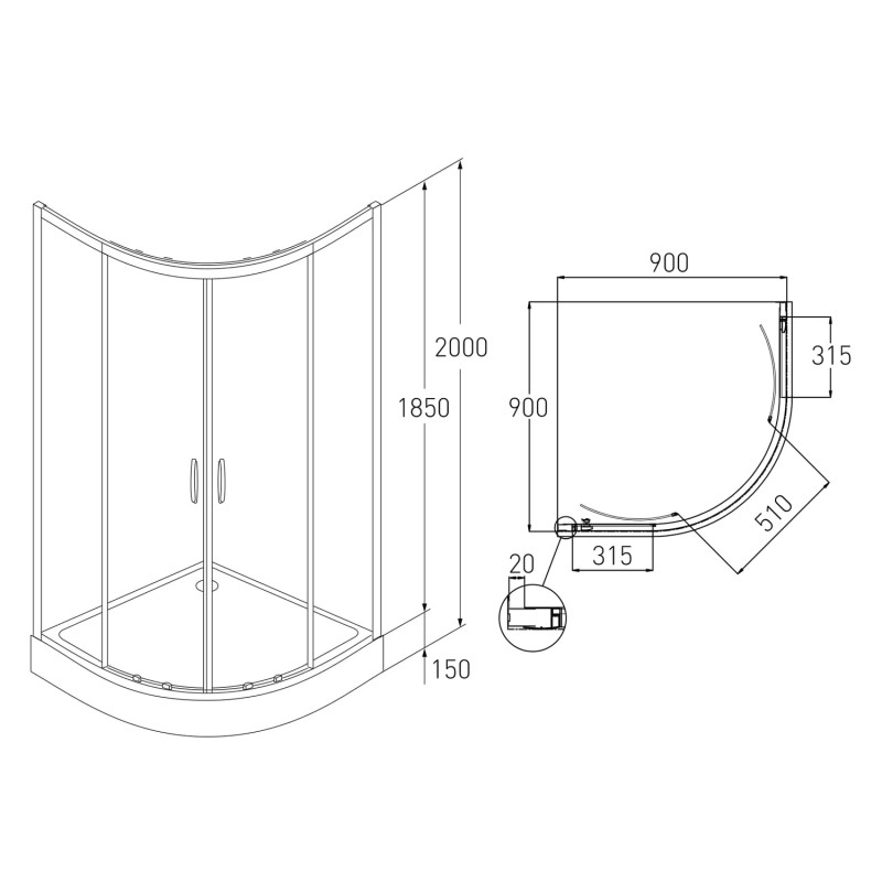 VOLLE FIESTA душова кабiна 90*90*200 см на мілкому пiддонi, профиль хром, скло прозоре, (10-22-157)