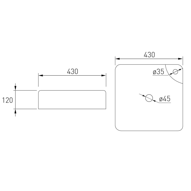 VOLLE умивальник 43*43*12см, накладний з отвором під змiшувач, квадратний, (13-01-038)