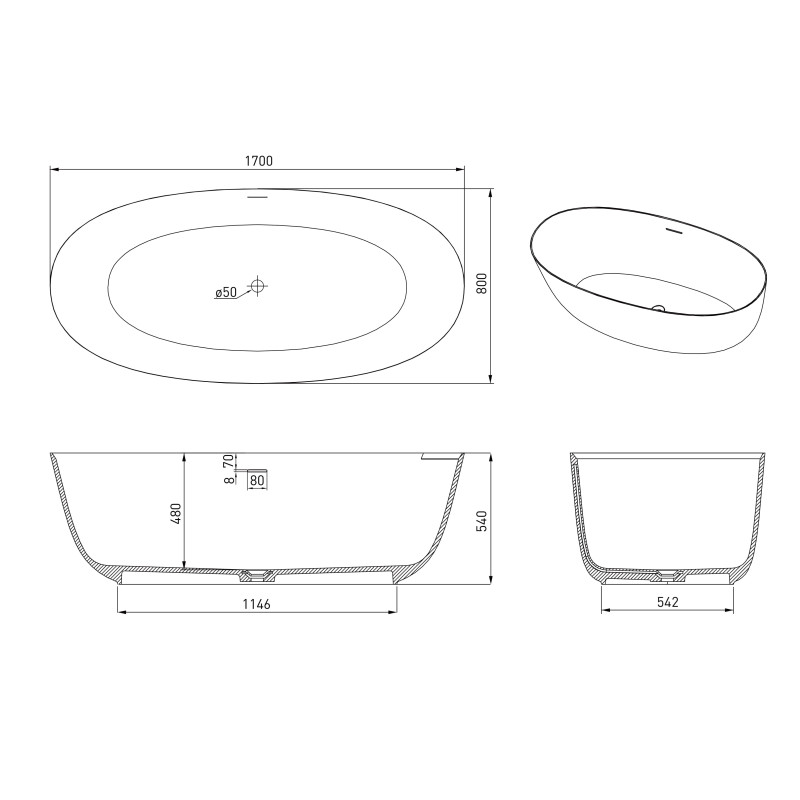 VOLLE Ванна 170*80*54см отдельностоящая каменная, с переливом и донным клапаном, (12-22-168)