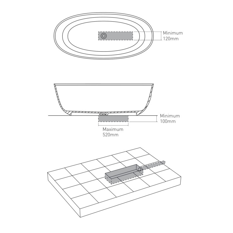 VOLLE Ванна 170*80*54см отдельностоящая каменная, с переливом и донным клапаном, (12-22-168)