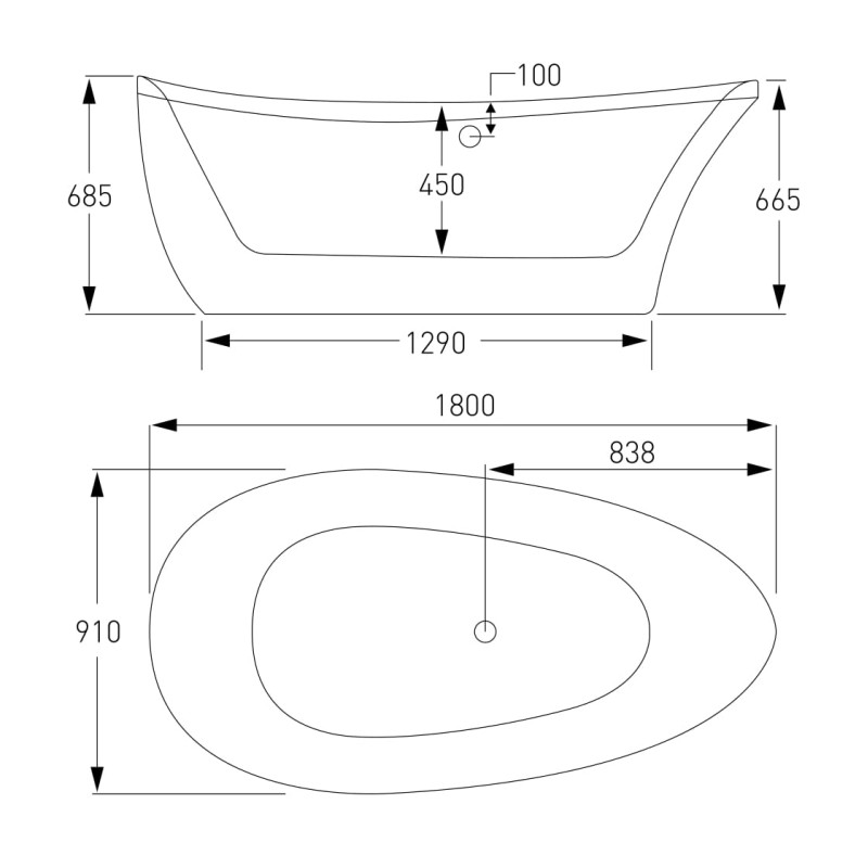 VOLLE Ванна 180*91*68,5см отдельно стоящая, акриловая, с сифоном, (12-22-189)