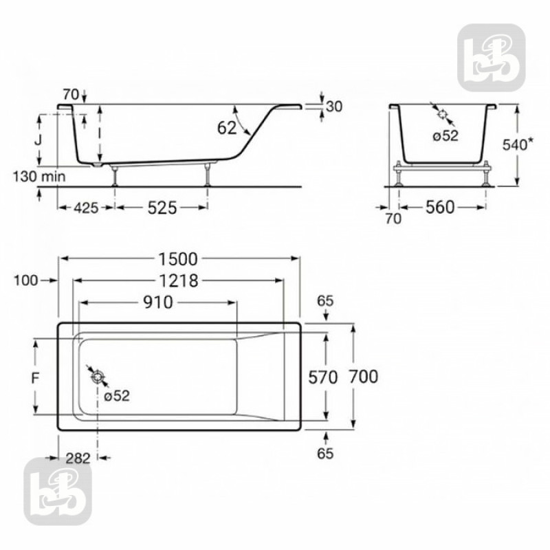 ROCA EASY ванна 150*70см, акрилова, прямокутна, з нiжками, об`єм 161л, (A248196000)