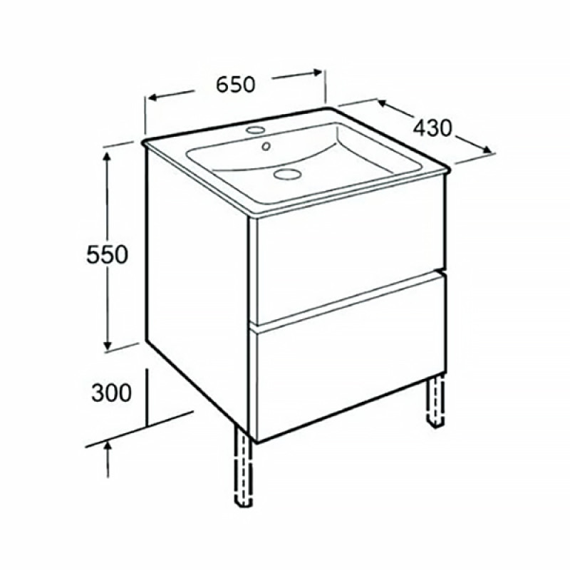 ROCA CUBE комплект: тумба 55*65*43см, з 2ма ящ., без нiжок, умивальник 65*43см, з отв. пiд змiшувач, колiр бiлий глянець, (A85119B806)