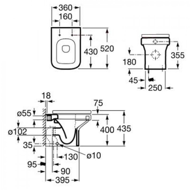 ROCA DAMA-N чаша унитаза под скрытый бачок, выпуск универсальный, монтируется на полу, (A347787000)