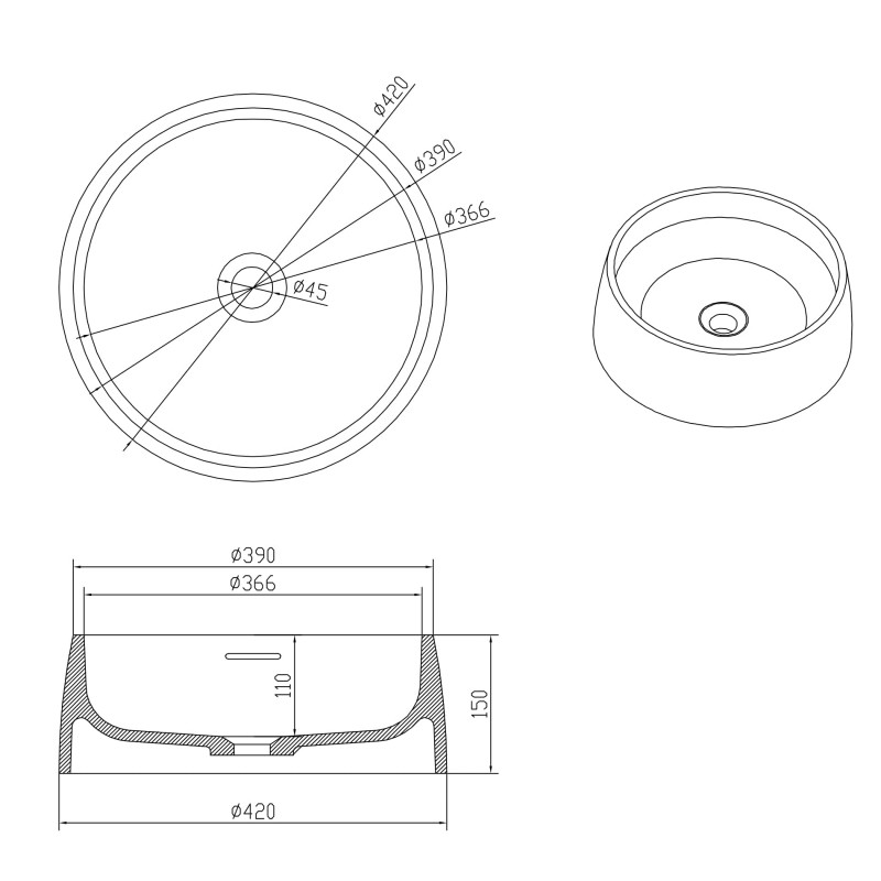 VOLLE Умивальник 42*15см накладний кам`яний круглий Solid surface, (13-40-468)