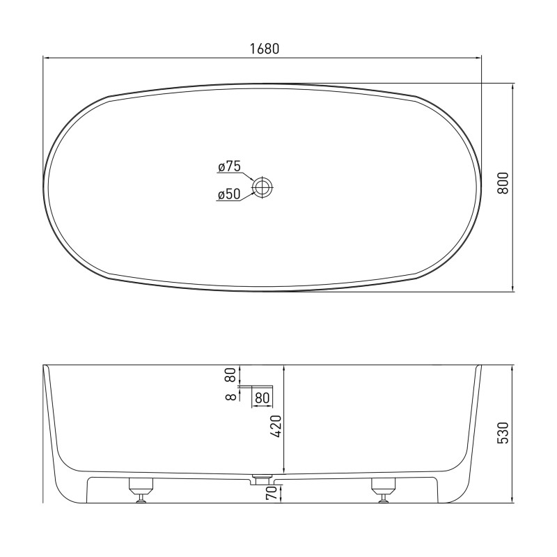 VOLLE Ванна окремо стояча кам'яна Solid surface 1680 * 800 * 530мм, (12-40-036)