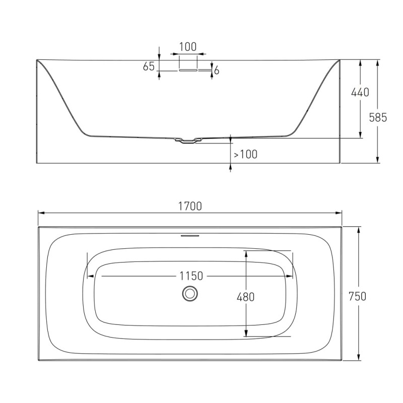 VOLLE Ванна 170*75*58см, отдельностоящая, акриловая, с сифоном, (12-22-858)