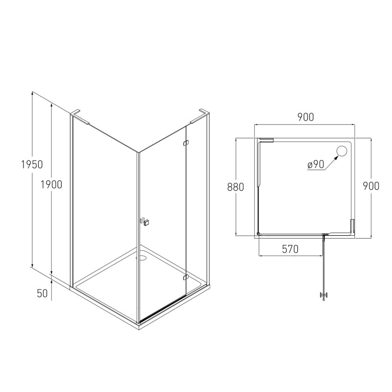 VOLLE BENITA Right душ кабіна квадратна 90*90*195 см, піддон (PUF) 5 см (з сифоном), розпашна, профіль хром, скло прозоре, (10-22-905R(5 коробок))