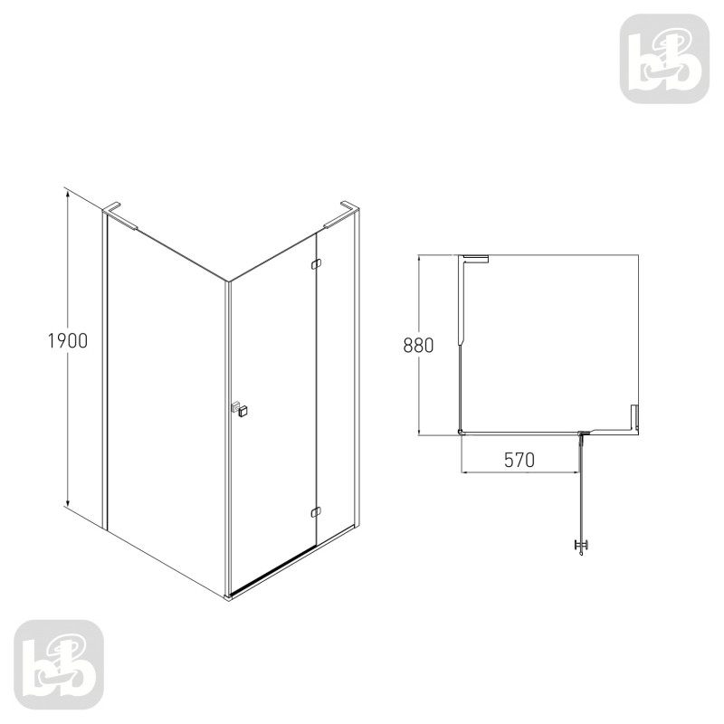 VOLLE BENITA Right душова кабіна 90*90*190см, квадратна (скло + двері), розпашна, хром, прозоре, (10-22-905Rglass)
