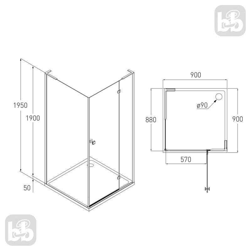 VOLLE BENITA Right душова кабіна 90*90*190см, квадратна (скло + двері), розпашна, хром, прозоре, (10-22-905Rglass)
