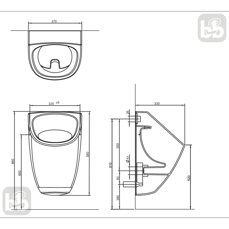 VOLLE MARO пісуар 330*370*580мм підвісний, підведення води ззаду, (13-52-888)