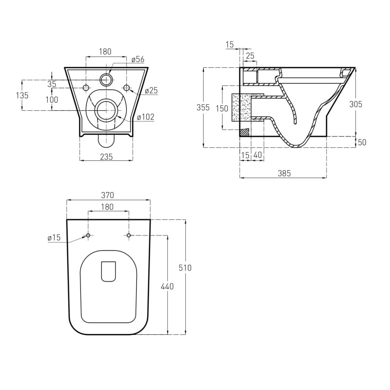 VOLLE LEON Rimless унітаз 51*36*35см підвісний, сидіння Slim slow-closing, (13-11-160)
